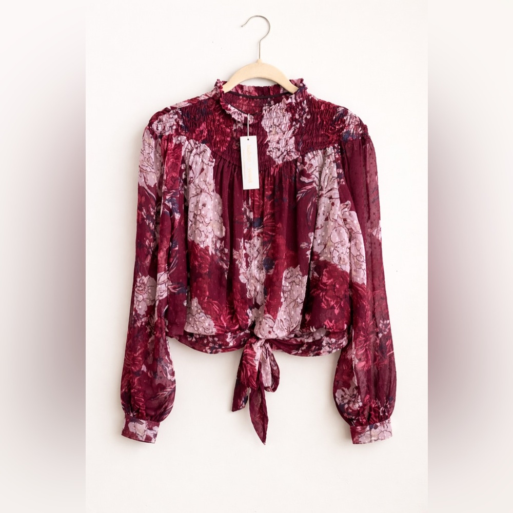 Bishop + Young Smocked Neck Floral Blouse‎ Medium NWT Burgundy Dahlia Print